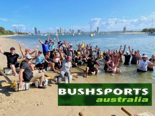 Survivor-challenge-team-fun-surfers paradise Gold Coast Sheraton Mirage. Water raft building n the beach next to Sheraton Mirage Resorts Corporate Group accommodation hotel and conferences for events and conference activities. Celebrate success and have fun with your team staff.
