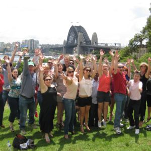 Sydney corporate groups starting their amazing race team Building Activities by Bush Sports Excitement of team bonding activities jumping after completing a treasure hunt amazing race in Sydney overlooking Harbour Bridge.