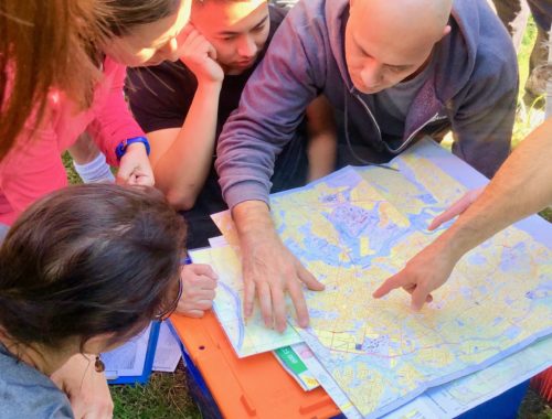 Leadership orienteering map search corporate outdoor team building group of staff collabortating